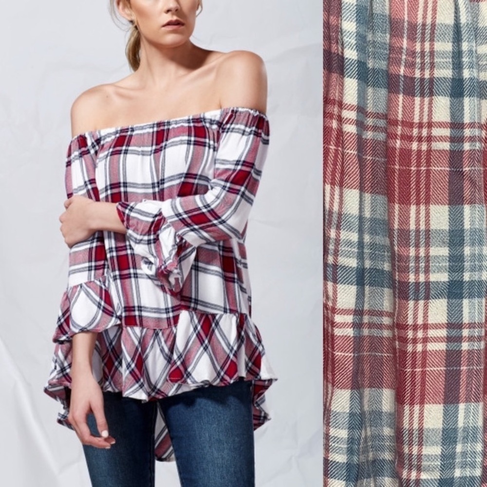 beachlunchloung Plaid Off the Shoulder Top
